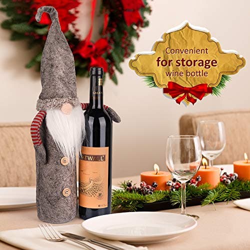 D-FantiX Christmas Gnomes Wine Bottle Cover, Handmade Swedish Tomte Gnomes Wine Toppers Santa Claus Bottle Bags with Drawstring Style Holiday Home Christmas Decorations Gift 3 Pack