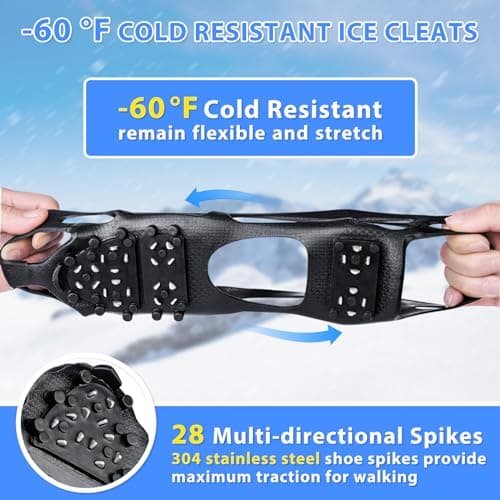 SYOURSELF Crampons Ice Cleats for Shoes and Boots Women Men Kids, 28 Shoe Spikes Non Slip Snow Traction Cleats for Snow and Ice Grippers for Shoes and Boots Hiking Walking Fishing Climbing