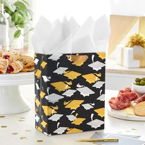 Hallmark 9" Medium Graduation Gift Bag with Tissue Paper (Gold and Silver Mortarboards on Black) for College, High School, 8th Grade, Kindergarten, Nurses
