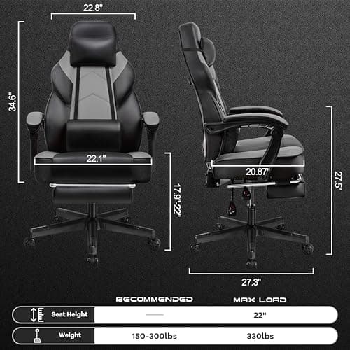 Gaming Chair for Adult, Computer Chair with Footrest Video Game Chair Big and Tall Gaming Chair with Massage Lumbar Support, Adjustable Height and 360° Swivel Seat(Grey)
