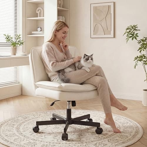 DurayLoly Criss Cross Chair with Wheels, Cross Legged Office Chair, Armless Wide Vanity Desk Chair with 2 Layer Scratch-Resistant Pu Leather Swivel for Home Office Bedroom,Beige