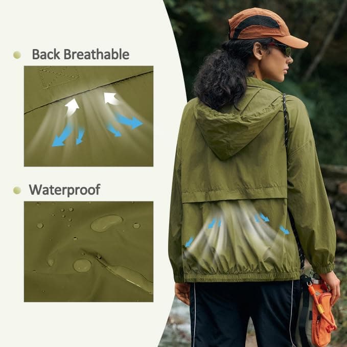 Yousify Womens Waterproof Rain Jackets Lightweight Zip Up Raincoat Outdoor Hiking Hooded Windbreaker with Pocket