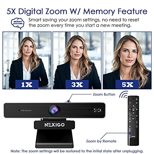 NexiGo Zoom Certified, N950P (Gen 2) 4K Zoomable Webcam, RF Remote, Sony_Starvis Sensor, 5X Digital Zoom, Pro Web Camera with Dual Stereo Mics