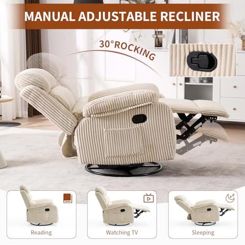 Adult 360° Rocking Recliner Chair，Nursery Rocker Reclining Chair with Side Pocket, a Comfy upholstered Single Sofa Armchair. Suitable for Living Room, Bedroom Nursing use, Velvet Fabric in Beige