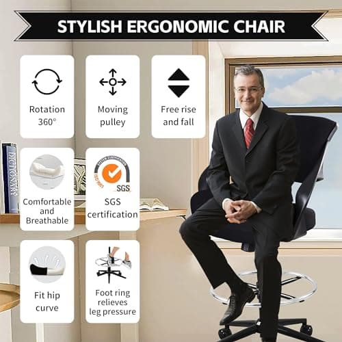 Ergonomic Drafting Chair,Standing Computer Desk Chair,Foot Ring,Lumbar Support,Swivel Task Chair-Black