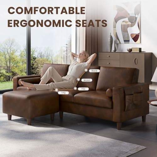 Vesgantti 100" PU Faux Leather Sofa with Movable Ottoman, 3 Seater L Shaped Leather Sectional Couch with Side Pocket, Comfy Mid Century Modern Modular Couch for Living Room, Apartment, Cocoa