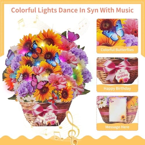 Birthday Cards with MUSIC & LIGHTS, Pop Up Happy Birthday Card, Sunflower & Butterfly, 10 Inch Life Sized Forever Flower Bouquet Gifts for Women Mom Grandma