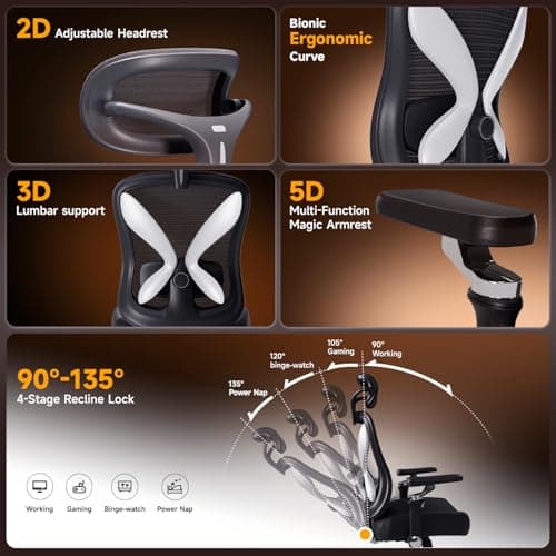 amseatec Office Chair Ergonomic Desk Chair,350 LBS Home Mesh Office Desk Chairs with 3D Adjustable Lumbar Support,5D Flip-up Arms,2D Adjustable Headrest,Comfortable Computer Gaming Chairs(Black)