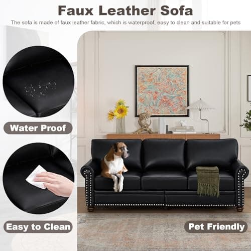 2 Piece Faux Leather Sofa Set,Modern Couch and Loveseat Sets with Storage,Mid Century Couch with Rivet Rolled Arm,Comfy Deep Seat Sofa,Furniture for Living Room,Office(Loveseat+3 Seater,Black)