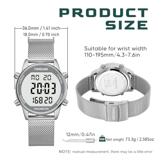 Women's Step Counter Pedometer Watch with Stainless Steel Bracelet, Stylish Design, No App, No Charging Needed for Step, Calorie, Distance, Alarm, Countdown Timer,TU-2401