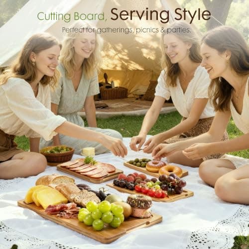 Astercook Deep-Carbonized Bamboo Cutting Boards for Kitchen with Wood Storage Stand, Reversible Charcuterie & Chopping Boards with Juice Grooves and Easy-Grip Handles, Knife-Friendly, Kitchen Gift