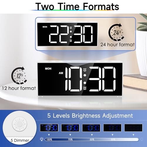 Alarm Clock with Large Display Big Numbers,5 Levels Brightness,Snooze,USB Charging Port,LED and Mirror Desk Clock,Dual Alarms Modern Electronic Clock for Bedroom Home Living Room Office. (White)
