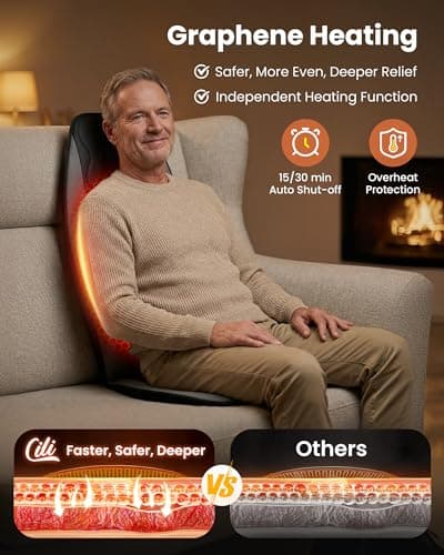 CILI Vibration Massage Chair Pad, Quiet Back Massager for Office Chair, Sofa & Recliner, Independent Graphene Heat & Massage Control, Fathers Day Gift for Back Pain Relief (Vibration Only)