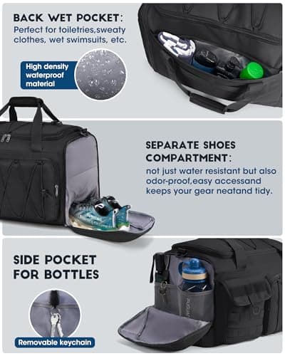 SDYSM Gym Bag for Men 45L Sports Duffel Bags 3-in-1 Travel Duffel Bag with Shoe Compartment, Gym Workout Backpack Carry On Weekender Bag Overnight Bag for Travel, Black