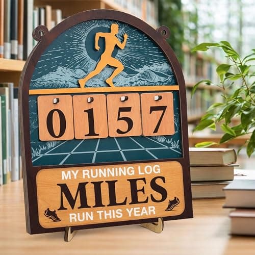 Wooden Yearly Running Log Counter Home Decor, Marathon Runner Gifts Miles Run This Year Tracker Sign Running Gifts for Runners Men Women B0GKP9JPVN