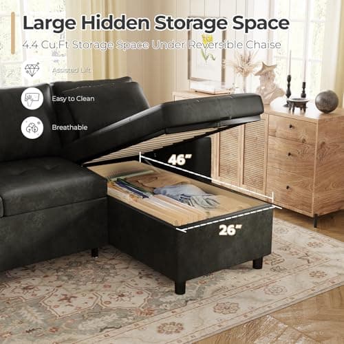 Esright Sleeper Sofa Bed, 3-in-1 Pull Out Couch with Reversible Chaise, Leather Sleeper Sofa with Storage, USB, Cup Holder, Pullout Sectional Couches for Apartment Living Room, Black | Hidden Storage Space