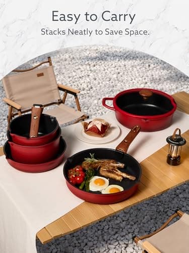 Non-Stick, Non-Toxic, Induction Compatible, Dishwasher & Oven Safe, Space Saving, Camping Cooking, House Warming Gift, Red CAROTE 20pcs Titanium Cookware Set, Detachable Handle Pots and Pans Set B0G6DTV7NG