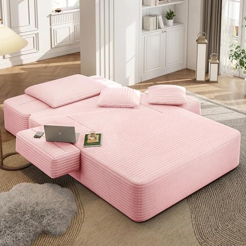 2 in 1 Corduroy Chaise Lounge Chair Indoor, 60'' Oversized Boneless Sofa Chaise Lounge with Pocket, Plush Cozy Deep Seat Couch Chair for Living Room, Bedroom, Small Spaces, RV (Pink)