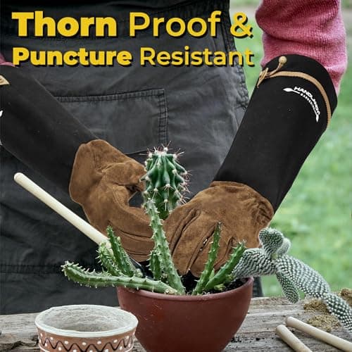 HANDLANDY Long Gardening Gloves for Men & Women, Pigskin Leather Rose Pruning Gloves, Breathable Thorn Proof Gauntlet Glove (Brown-Pigskin, M)