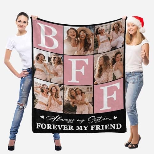 BFF Personalized Blanket with Photo and Pictures - Customized Gift for Best Friendship - Women Friends Personalized Gift, 8 Sizes B0CXXTGWKL
