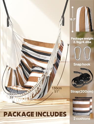 Chihee Hammock Chair Hanging Swing 2 Pillows Included,Strong Webbing Straps and Hooks for Easy Hanging Soft Cotton Hanging Chair Side Pocket Tassel Chair Comfort Indoor Outdoor Brown Stripes