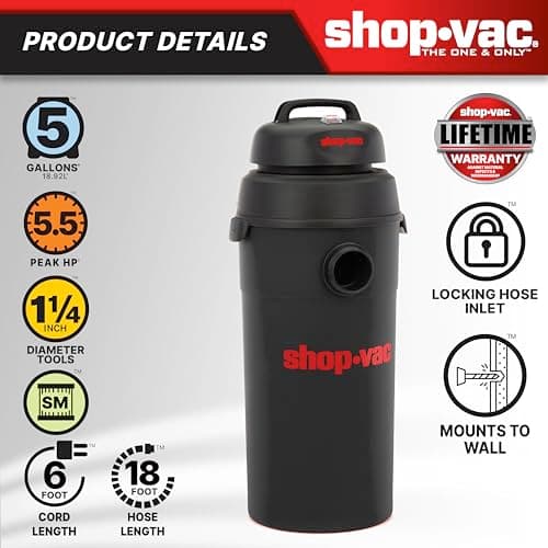 Shop-Vac 9522205 5 Gallon 5.5 Peak HP Hangup Wet/Dry Vacuum, 1.25 Inch Diameter x 18 Foot Hose, 6 Foot Cord, Wall Mount Included, Ideal for Garage, Workshop & Home