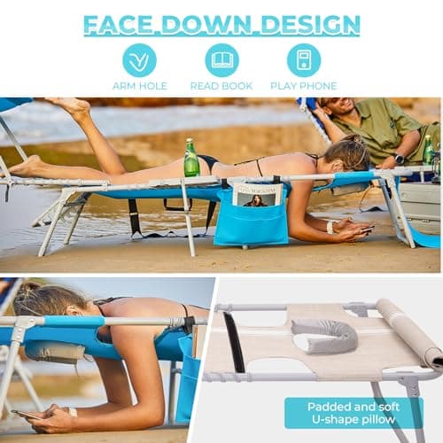 #WEJO 4-in-1 Tanning Chair with Face Hole and Side Table - 5-Position Face Down Folding Chaise Lounge with Canopy Shade & Cup Holder - Portable Heavy Duty Tanning Bed for Beach, Pool, Patio (Khaki)