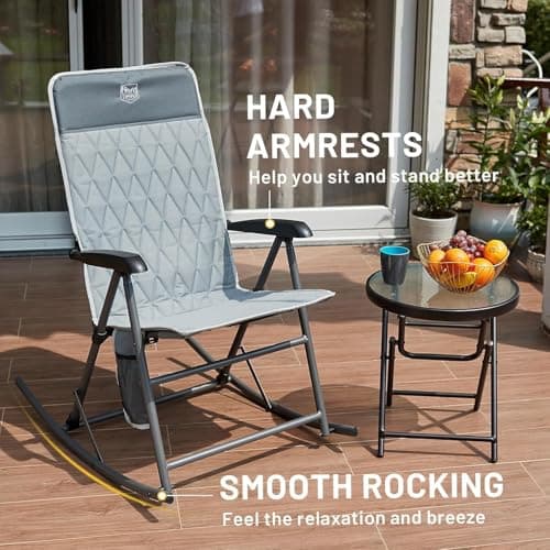 Timber Ridge 3-Level Adjustable Rocking Camping Chair, Padded High Back Outdoor Rocking Chair with Side Pocket, Portable Folding Rocker for Adults, Supports 300 LBS for Lawn, Patio, Porch