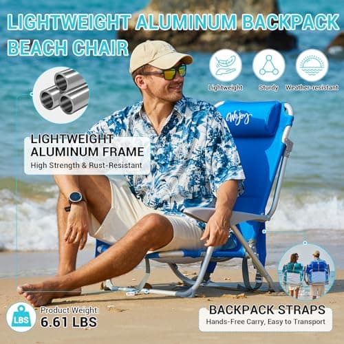 #WEJOY Beach Chair for Adults, Reclining Adjustable Position,Lay Flat Lightweight Folding Portable Aluminum Chair with Backpack Straps,Padded headrest, Heavy Duty 400 lbs Lawn Chair for Beach, 2 Pack