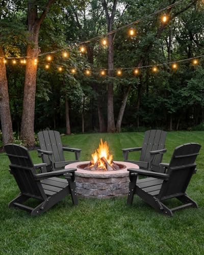 Folding Adirondack Chair, HDPE All-Weather Fire Pit Chairs, Plastic Adirondack Chairs with 2 Cup Holder, Outdoor Lawn Chair for Patio Garden (Black)