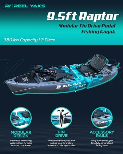 Reel Yaks Raptor Modular Fishing Kayak - 9.5ft Lightweight Sit On Top Kayak for Adults & Youth - Stable & Portable, Ideal Space-Saving Design for Travel - 380lbs Capacity