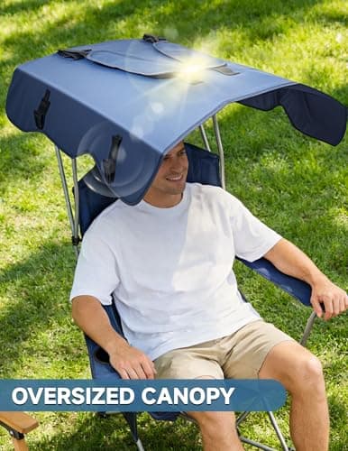 East Oak Camping Chair with Canopy | 25" High Back Folding Beach Chair with Canopy Shade, Supportive Headrest, Cup Holder, Side Pocket, 330 lbs Heavy Duty Canopy Chair for Outdoors