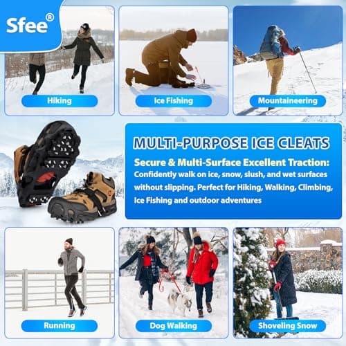 Sfee Crampons Ice Cleats for Shoes and Boots, 28 Steel Shoe Spikes Ultra-Grip Ice Cleats for Men Women Non-Slip Snow Traction Ice Grippers for Shoes and Boots for Walking, Hiking, Climbing, Fishing
