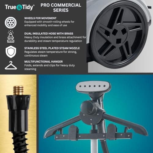 True & Tidy Heavy Duty Commercial Full Size Standing Garment Steamer for Clothes with Extra Large 2.9L (98 oz) Water Tank for 90+ mins of Steam Time, 1800 watts of Powerful Steam, 3 Settings, Gray