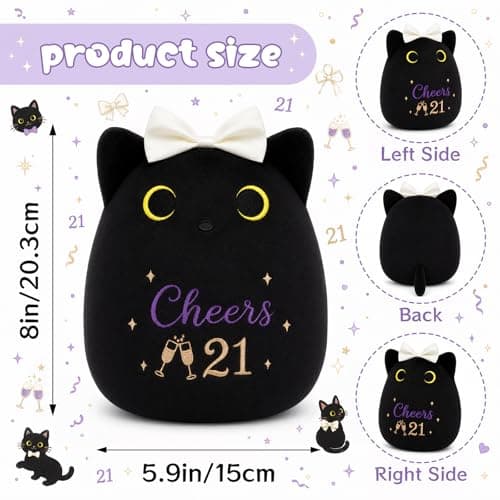 8inch Cat Stuffed Anmals with Cheers 21, Soft Plush Cute 21 Year Old Birthday Gifts for Girls Women 21st Birthday Black Cat Plush, 21st Birthday Gifts for Girls Her B0H2GV3YWL