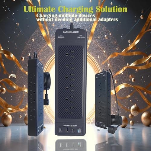 Surge Protector Power Strip/Heavy Duty 10ft Extension Cord with Multiple outlets/High Joules Protection (4800J)/18AC/1875W/15A/Usb A+C(PD20W),Flat Plug,Commercial,Industrial,Office,Home,Black