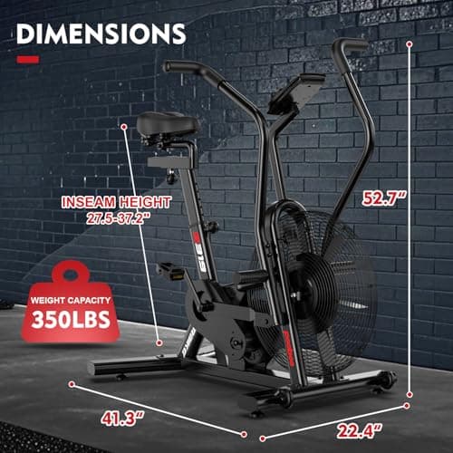 pooboo Exercise Bike, Stationary Bike for Home Gym, Air Resistance Bluetooth Fan Bike w/Dual Acction Handlebars & Dual-Layer Transmission System, Upright AirBike Indoor Cycling Bike for Cardio Workout