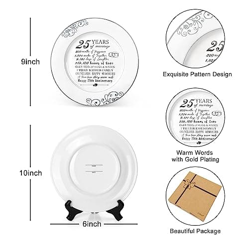 25th Anniversary Plate with Platinum Foil - Silver 25 Year Marriage Anniversary Wedding Gifts for Couple Her Him Husband Wife, 9"