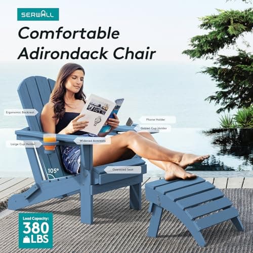 SERWALL Folding Adirondack Chair, HDPE Adirondack Chairs Set of 2, Plastic Outdoor Chairs- Looks Exactly Like Real Wood- Navy