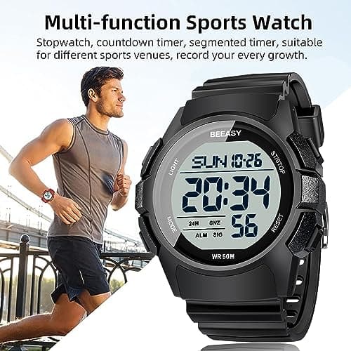 Beeasy Men Digital Sports Watch,Waterproof Watch with Stopwatch Countdown Timer Alarm Function Dual Time Rubber Strap Wrist Watch for Men/Student