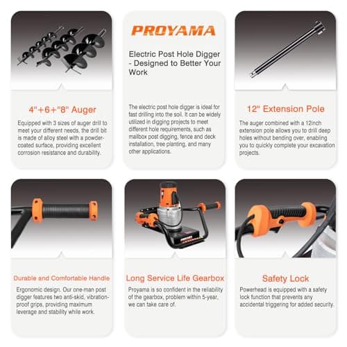 PROYAMA Electric Post Hole Digger, 1700W Corded Earth Auger with 4" 6" 8" Drill Bit, 12" Extension Rod, Reverse Control, 5-Year Warranty Gear Box, Ideal for Post Hole Digging, Drilling, Tree Planting