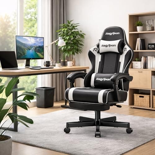 Gaming Chair for Adults Gamer Game - Ergonomic Gaming Chair with Footstool, Headrest, and Lumbar Support Height Adjustable Leather Game Chair’s 200 KG Load Bearing Capacity White