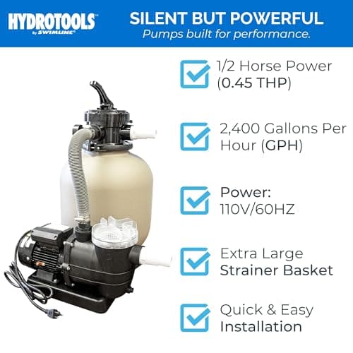 SWIMLINE HYDROTOOLS Complete Sand Filter System, 14" Tank - for Above-Ground & Inground Pools Up to 10,500 Gallons, Single Speed Pump, 0.45 THP, 2,400 GPH, 4-Way Multi-Port Valve, 60 lb Capacity