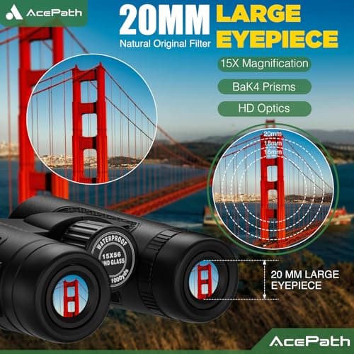 15x56 Binoculars for Adults High Powered - Large View Binoculars with Clear Low Light Vision - Waterproof Compact Binocular for Hunting Camping Cruise Travel Bird Watching