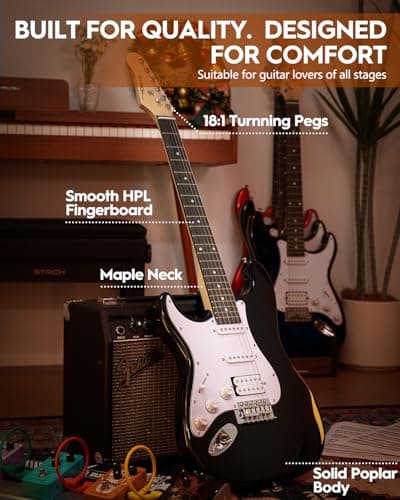 STRICH Electric Guitar Left Hand Beginner Kit, Solid Body 39" Electric Guitar HSS Pick Up for Starter, with 5W x 2 Amp, Bag, Digital Tuner, Capo, Strap, String,Cable, Picks, SST-S20L Black