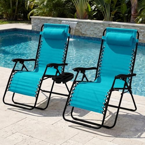 Best Choice Products Set of 2 Extra Wide Adjustable Steel Mesh Zero Gravity Lounge Chair Recliners w/Pillows and Cup Holder Trays - Peacock Blue