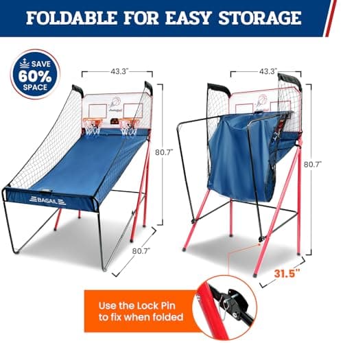 BAGAIL Basketball Arcade Game, Electronic Basketball Shooting Game with 8 Game Modes, Arcade Sounds, Foldable Frame, 4 Balls, Inflation Pump, Ideal Indoor Sport Games for All Players - Dual Shots