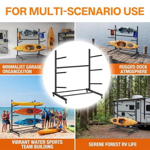 Kayak Storage Rack with Wheel, Adjustable Kayak Racks, Carbon Steel Water Sport Watercraft Storage Rack for Canoes or Surfboards