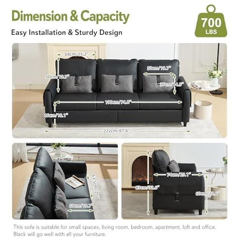STHOUYN 88” Faux Leather Couch for Living Room, Black Office Couch Small Space, Comfy 3 Seater Couches Leather Sofa with High Backrest (Black)