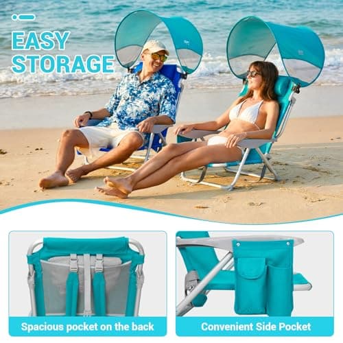 #WEJOY Beach Chair with Canopy Shade, Reclining Adjustable 4 Position, Lay Flat Lightweight Folding Portable Aluminum Chair with Backpack Straps,Padded headrest, Heavy Duty 400lbs Lawn Chair for Beach
